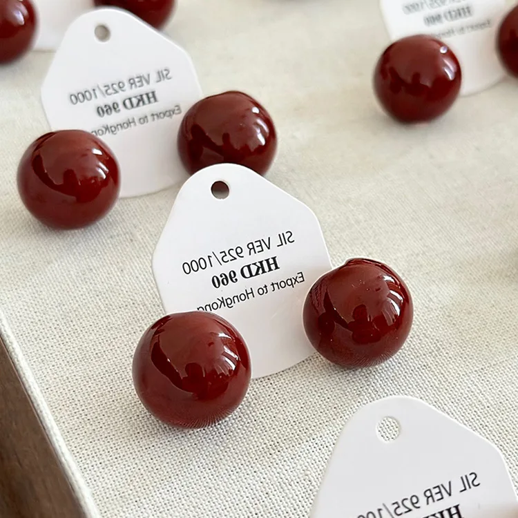

Wine Red Enamel Ball Earrings French Vintage Style Minimalist Dainty Elegant Everyday Jewelry for Women