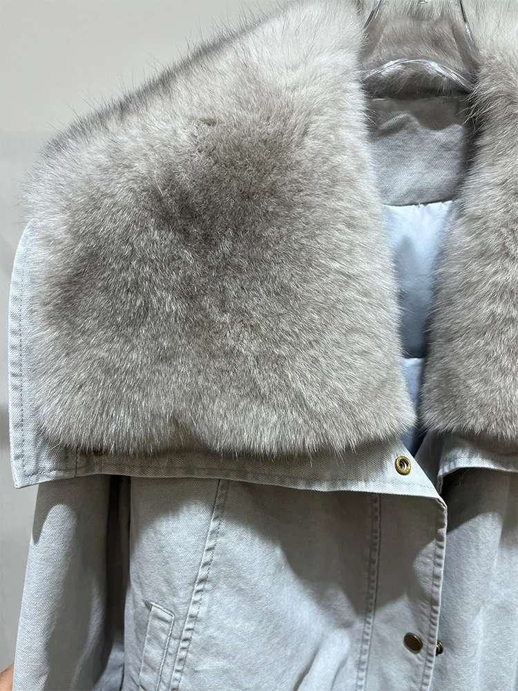 2025 Autumn Winter Women's Goose Down Coats Denim Jacket Natural Real Fox Fur Collar Outwear Luxury Female Jacket