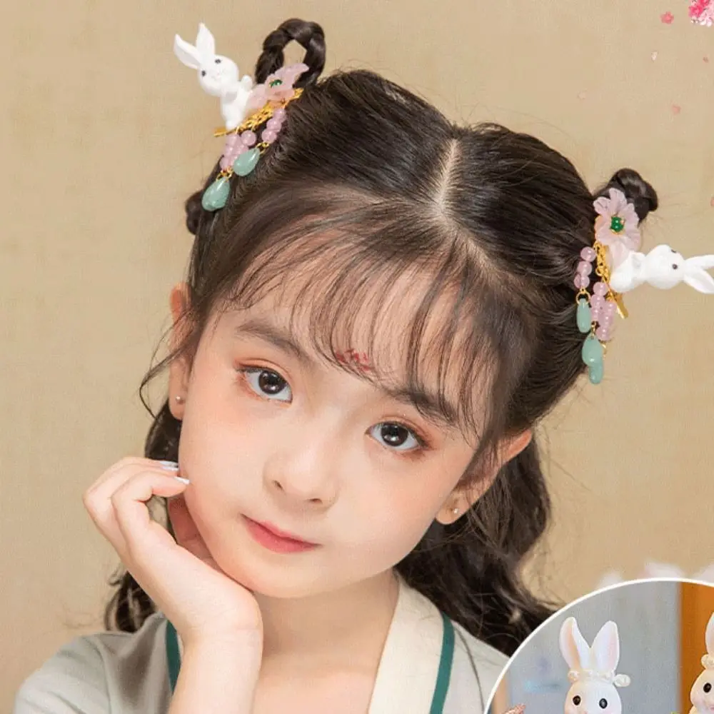 Accesorios para el cabello de princesa Hanfu para niños, pinza para el cabello con forma de conejo, horquilla de estilo chino