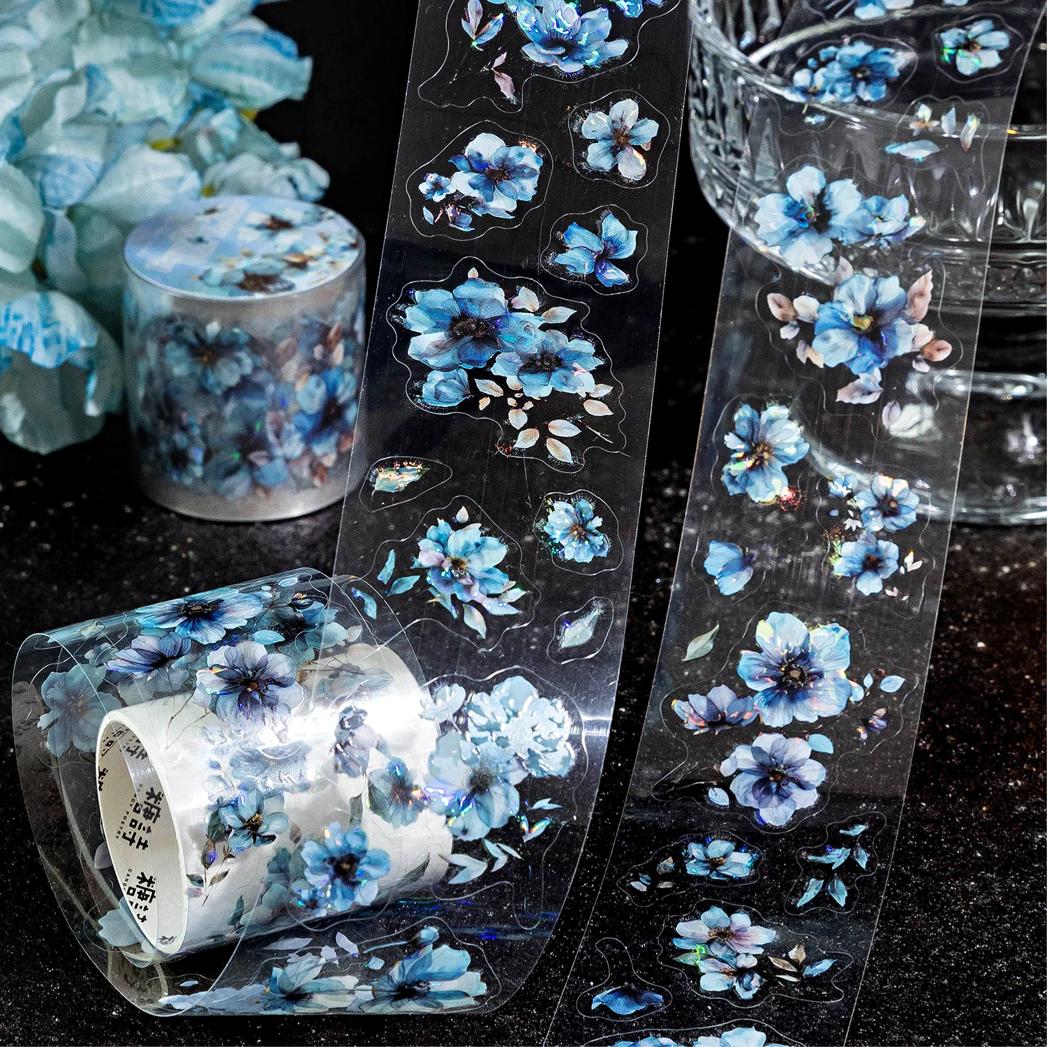 40mm * 2m/roll PET Retro flower ice crystal shell light die-cutting sticker tape DIY diary album aesthetic scrapbook sticker