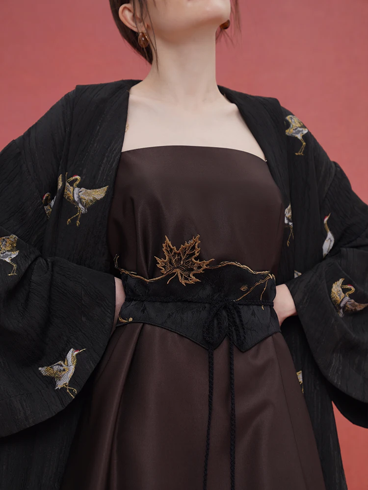 Long Red-Crowned Crane Embroidery Coat for Women, Spring and Autumn