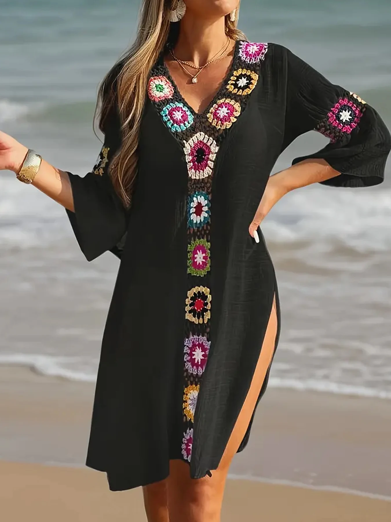 Fashion Style Hand Crochet Flower Block Beachwear Cover Up Beach Holiday Casual See-Through Dress Breathable Sunscreen Smock