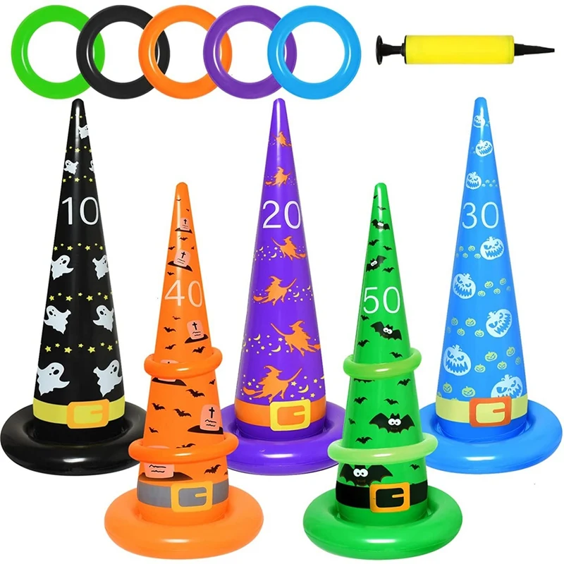 Juego de lanzamiento de anillo de sombrero de bruja inflable de Halloween con 10 anillos de inflado y 1 Bomba, juegos de fiesta de Halloween, juego de lanzamiento de anillo