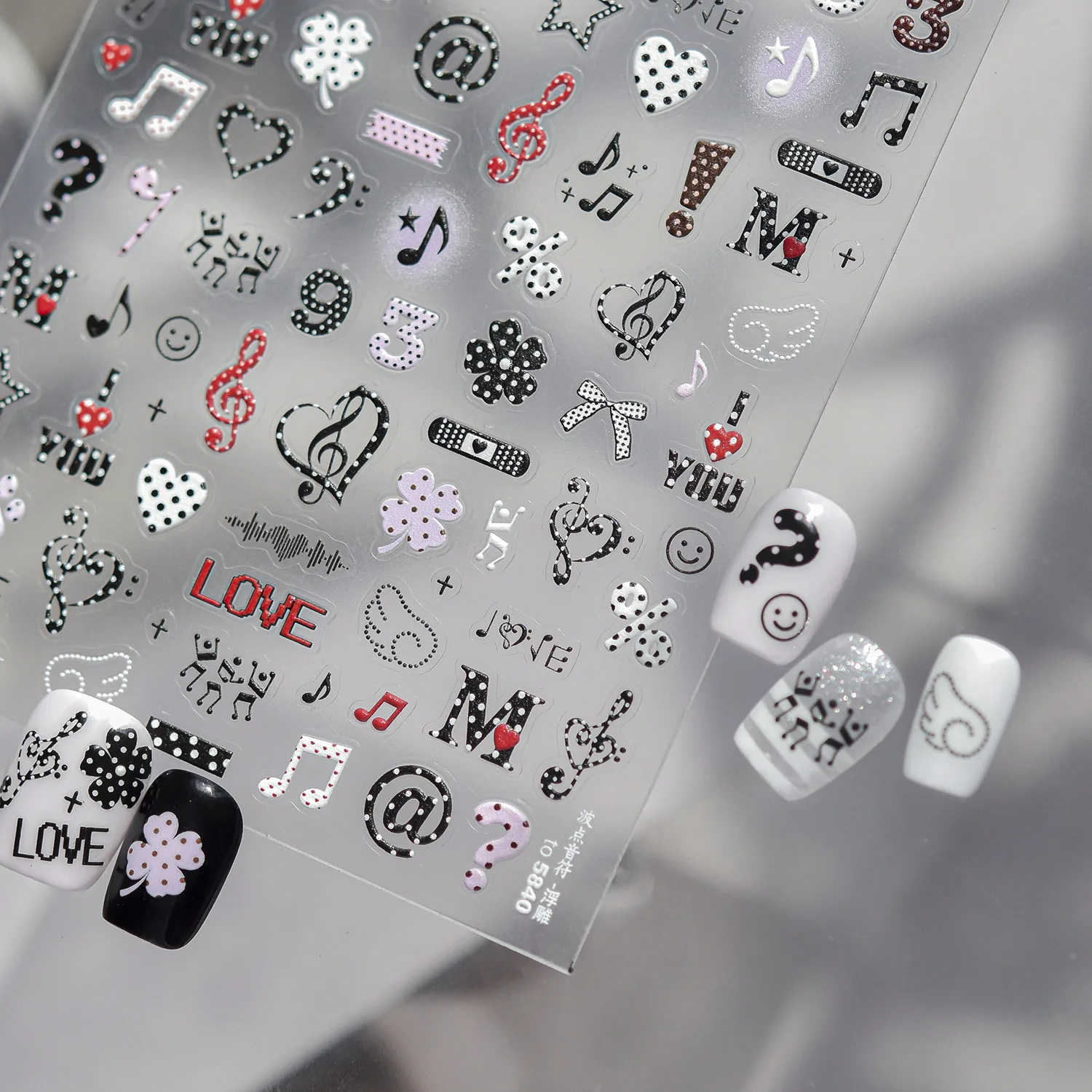 5D Nail Stickers Fresh Black White Music Element Clef Note Heart Dot Bow Clover Paw Cute Self-adhesive Nail Art Decals Girl DIY