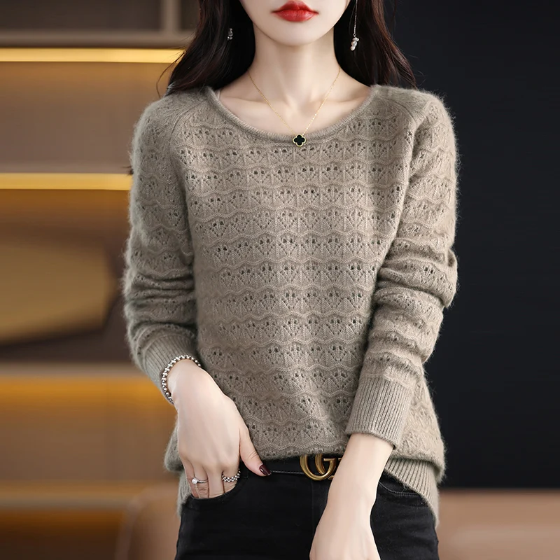 Women 100% Mink Cashmere Sweater Scoop Neck Hollow Out Pullover Autumn Winter Fashion Casual Knit Cashmere Sweater Bottoming Top