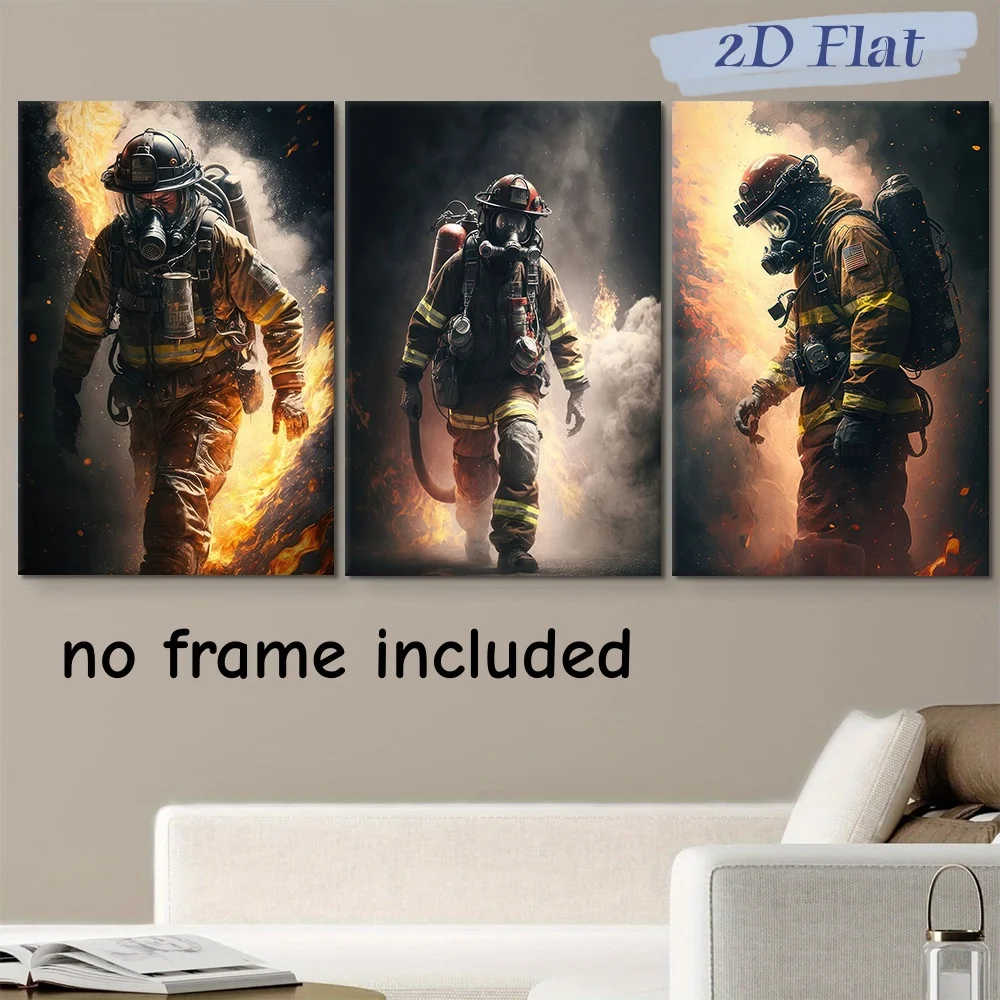 3-Piece Firefighter Hero Canvas Decoration Painting - Brave Firefighter Fire Rescue Dynamic Scene Flame Smoke Art Hanging Painti