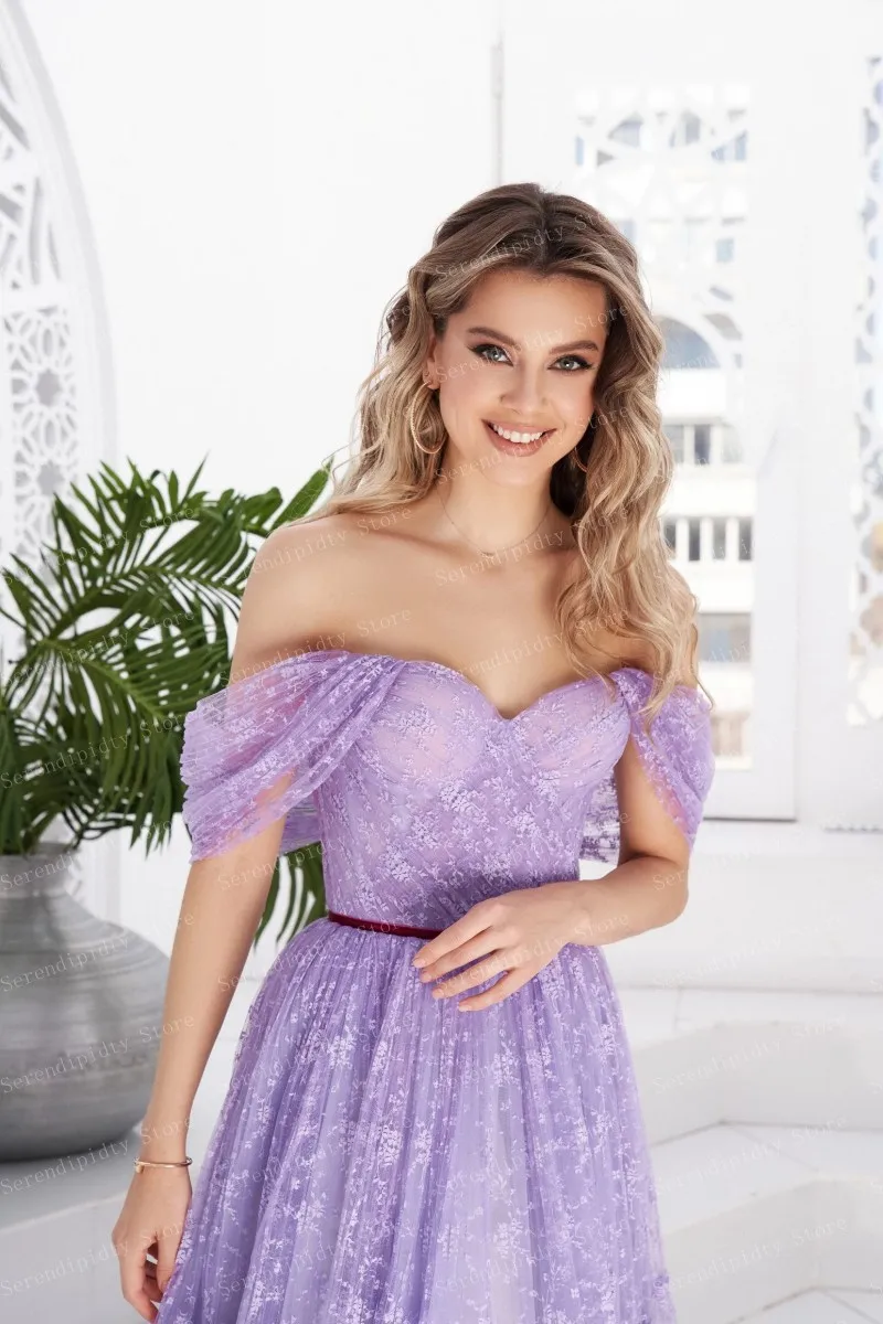 Lavender Off Shoulder Midi Length Party Dress Lace Tulle Ball Gown A-line Purple Cocktail Dresses Sweet Girl's Dress For Event