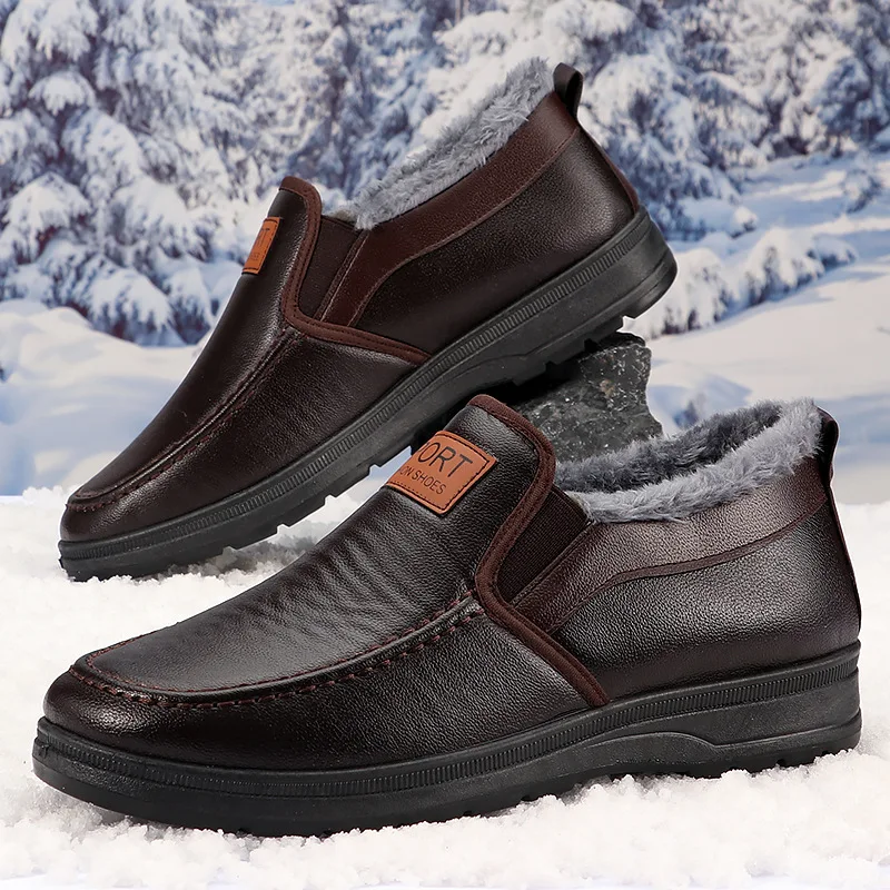 Herren Winter Slip-On Schneeschuhe mit Fleecefutter, Obermaterial aus synthetischem PU, rutschfeste Gummisohle, warme, lässige Outdoor-Wanderschuhe für ältere Menschen. – Detail 7