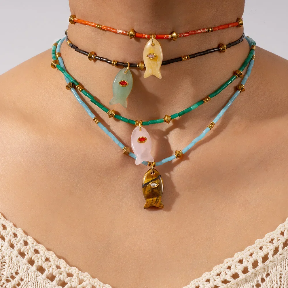 Bohemia Handmade Beads Necklace Multicolour Natural Stone Opal Fish Shape Pendant Evil Eye Zircon Choker Fashion Jewelry 2026