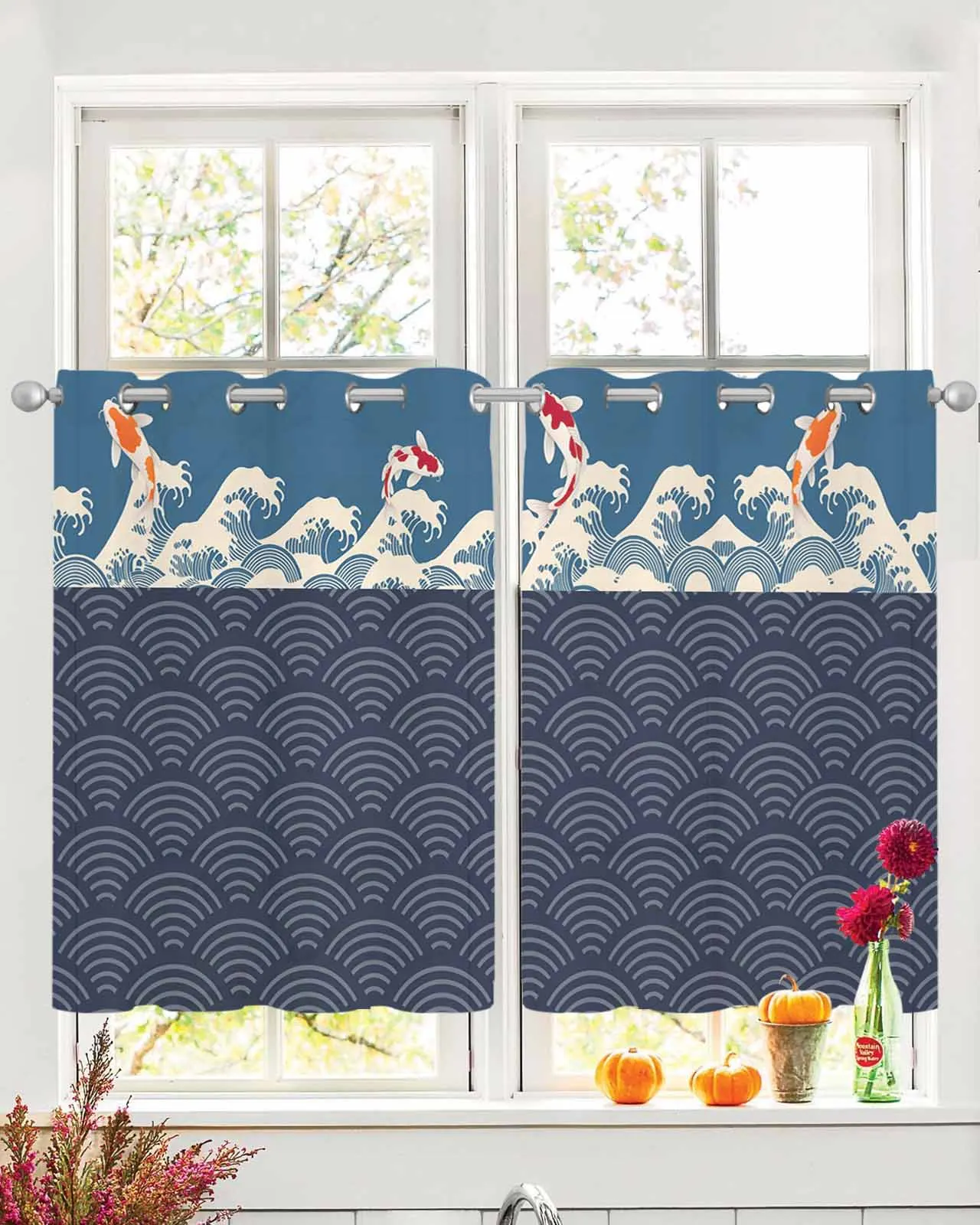 

2 Panels Set Tulle Window Curtains Japanese Harmony Koi Wave Pattern Rod Pocket Grommet Top Curtains for Bedroom and Living Room