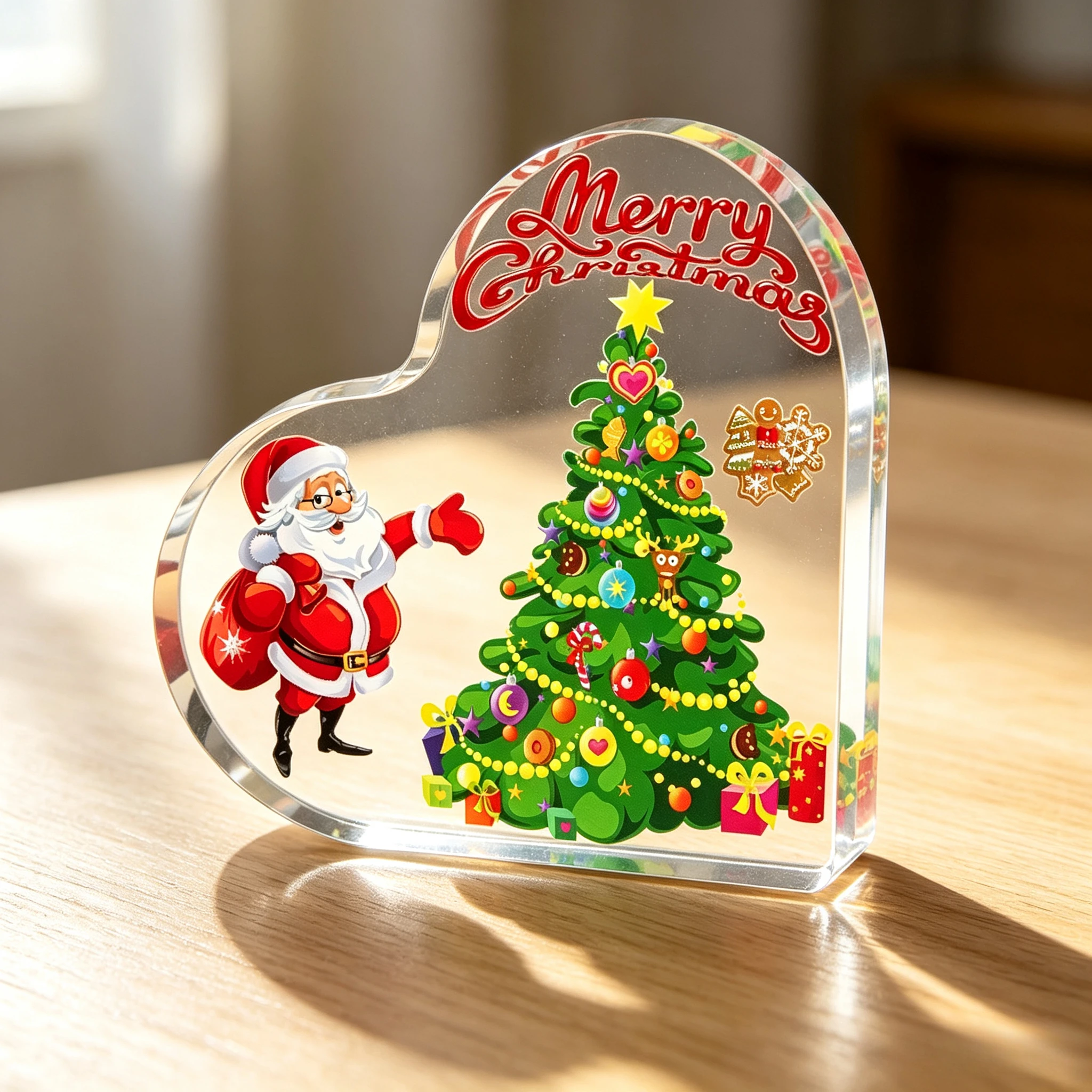 Merry Christmas Heart‑Shaped Acrylic Plaque, Santa Claus Decorated Christmas Tree Table Decor