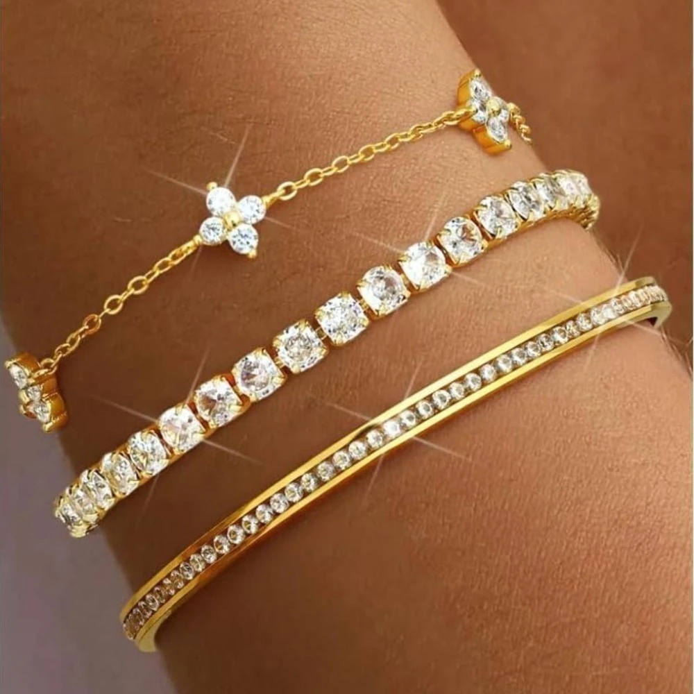 Image of Bobisty 3-teiliges Stapelbares Armband-Set für Frauen Verstellbare 14K Vergoldete Edelstahl Tennis-Armbänder mit Kubischem Zirkonia Modisch