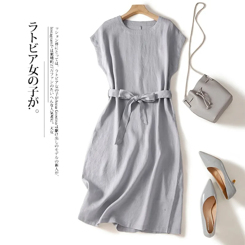 

High-End Japanese Style Casual Cotton Linen Dress Women Summer Waist Cinched Belted Linen A-Line Midi Skirt Long Sleeve