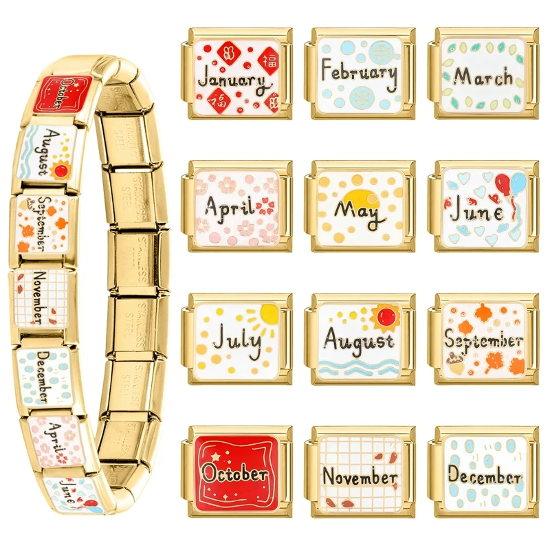 Fashion 12 Month May July September October Gold Color Italian Charm Links Fit 9MM Stainless Steel Bracelet Jewelry DIY Making