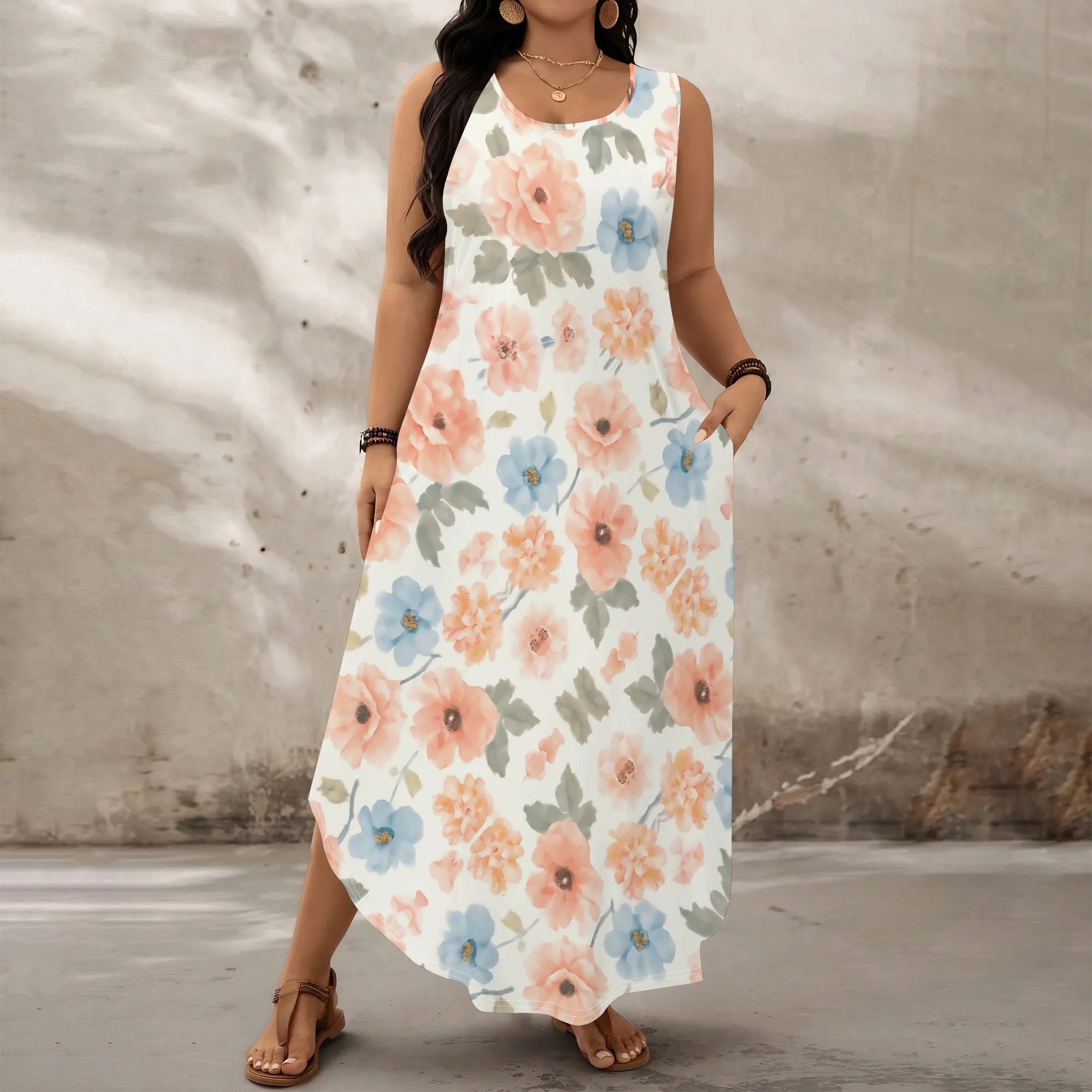 

Watercolor Floral Plus Size Dress XL‑6XL Sleeveless Loose Fit Maxi with Pockets for Beach, Easter Brunch or Garden Picnic