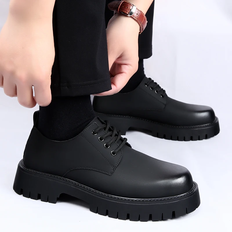 Brand Spring and Autumn Men Genuine Leather Thick Sole Formal Leather Shoes High Quality Fashion Lacing Comfortable Derby Shoes