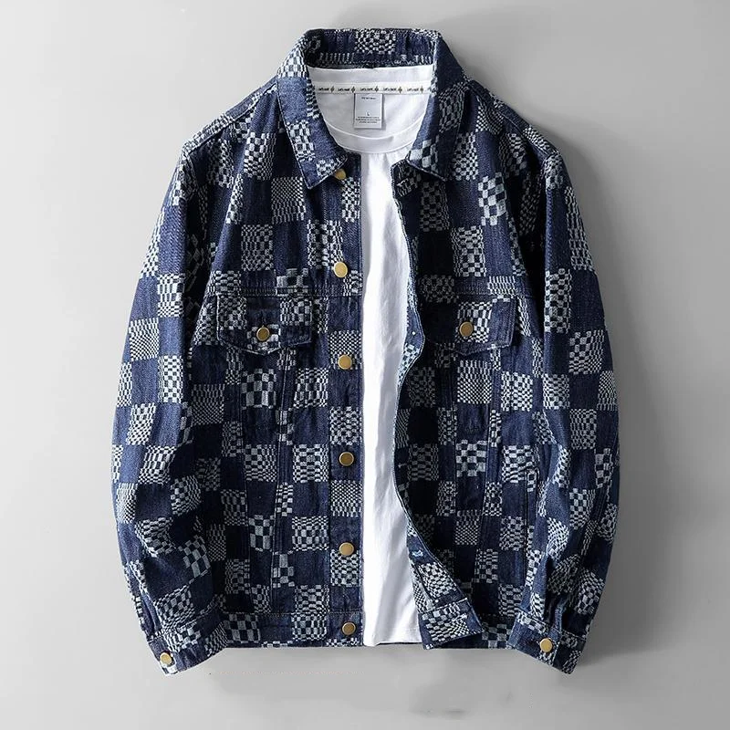 Spring and Autumn New Men\'s Loose Chessboard Plaid Casual Coat Fashion Personality Jacquard Denim Jacket