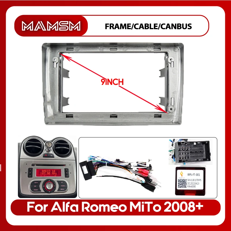 9inch For Alfa Romeo MITO 2008+ Radio Frame DVD Stereo Panel Dash Mount Trim Kit Harness Wiring Power Cord Cable Canbus Decoder