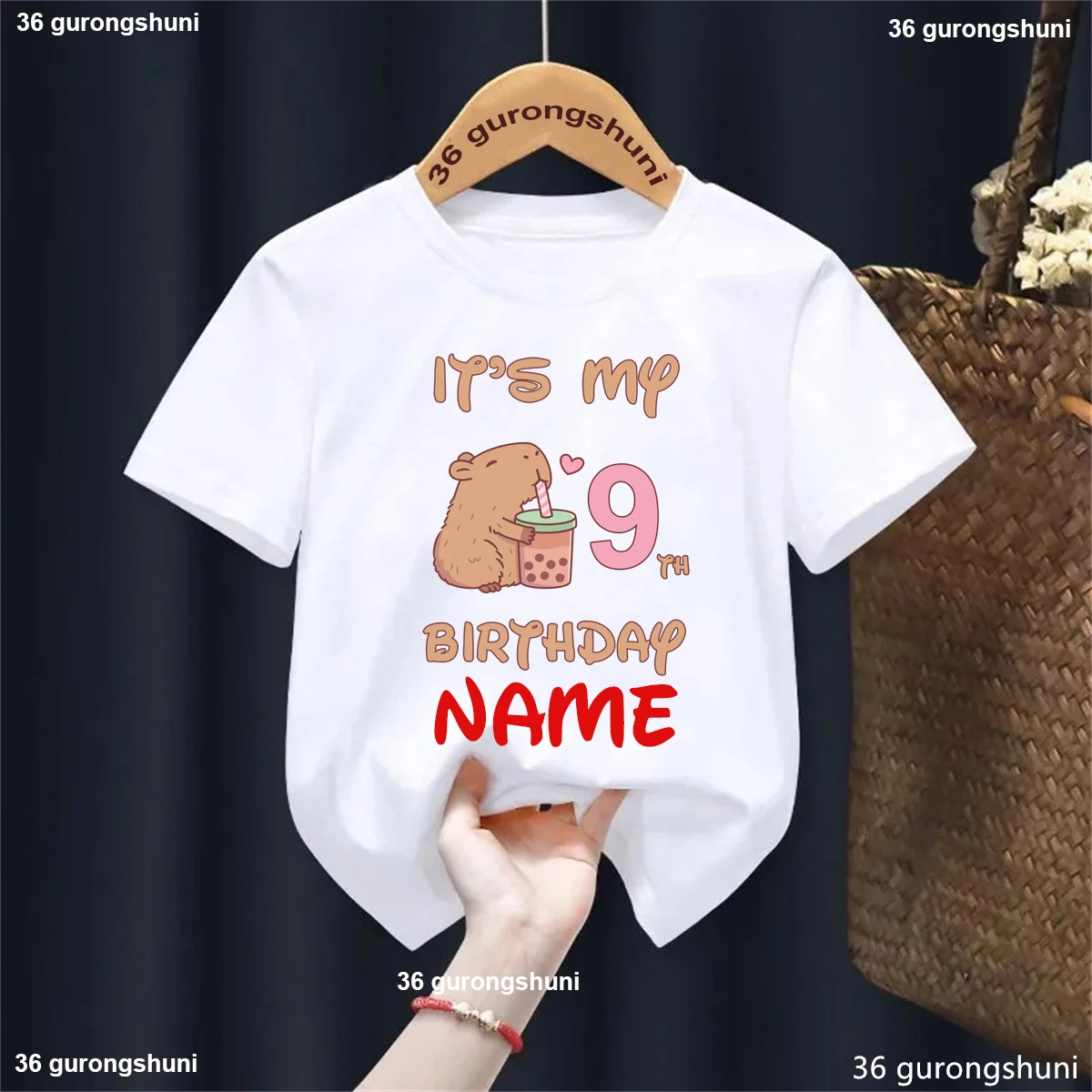 It'S My 9th Birthday Graphic Printed Tshirt For Girls/Boys Custom Name Capybare Love Boba Funny Kids Clothes Solid T-Shirt Tops view 2