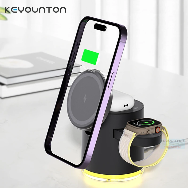 

4 in 1 Charger Stand for iPhone 12/13 14 Pro 15W Fast Magnetic Wireless Charging Station with LED Light for Apple iWatch Airpods