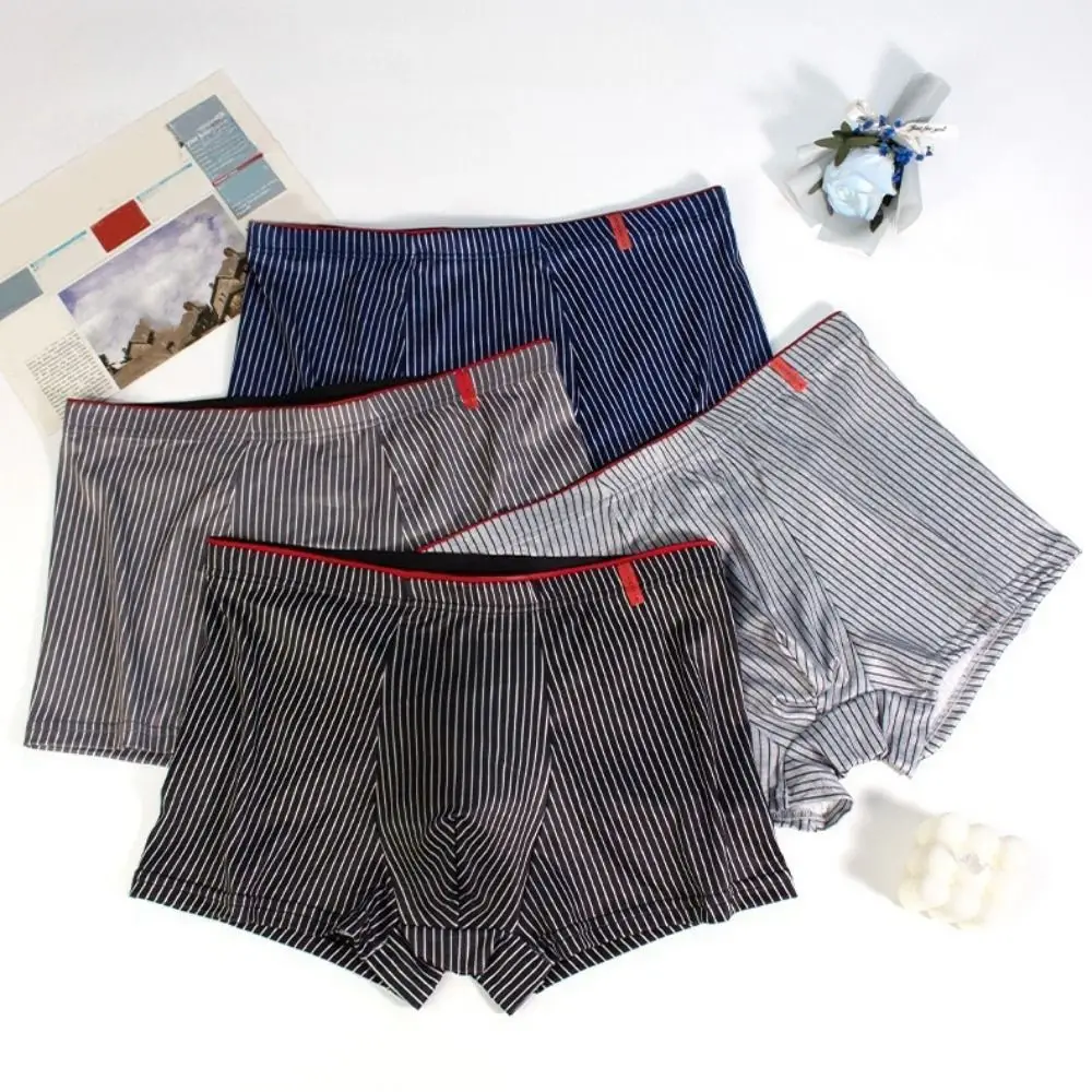 

4PCS Simple Stripe Men's Flat Panties Large Size Loose Men Boxer Low Waist Underpants Underwear for Man Male