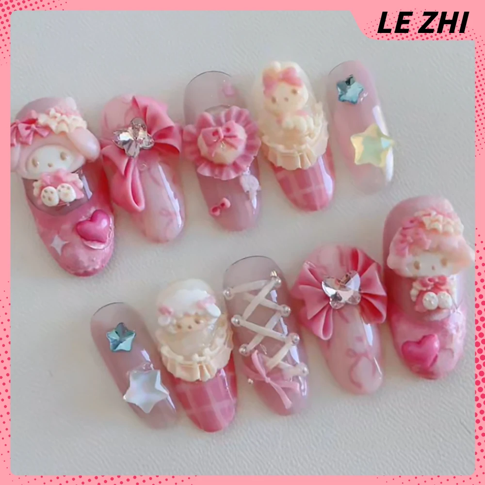 

Накладные ногти в стиле милой принцессы Kawaii: 3D-дизайн с My Melody, кроликом, овечкой, бантиками и кружевом. Милые наклейки-патчи для ногтей.