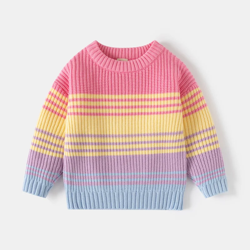 Autumn and Winter New Children's Clothing Girls' Coarse Needle Core Pullover Sweater Baby Color Stripe Thick Knit Base Sweater