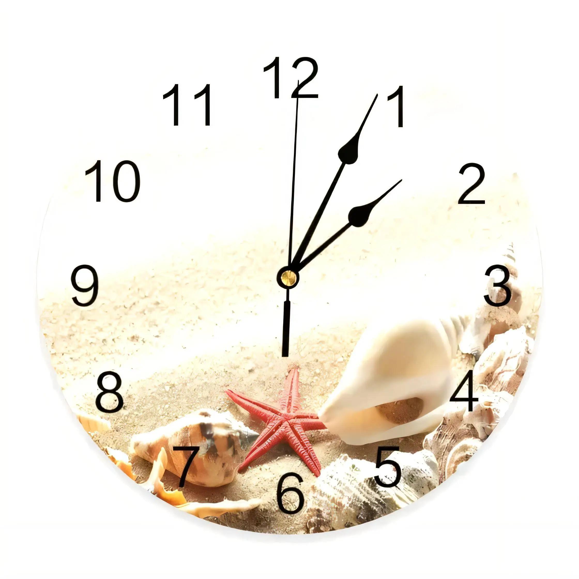 Beach Themed  Wall Clock Circular Sand Seashell Starfish Silent Non Ticking Battery Operated Home Decor