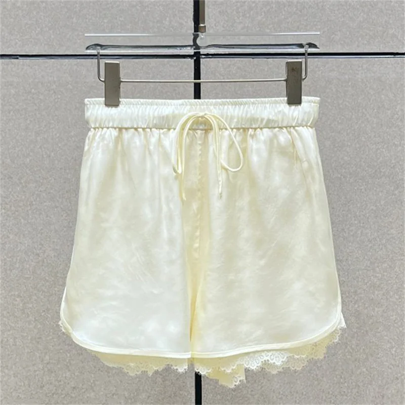 

women's shorts New lace patchwork mini pants for summer 2026 Elastic waist drawstring shorts Satin slim fit ultra short pants
