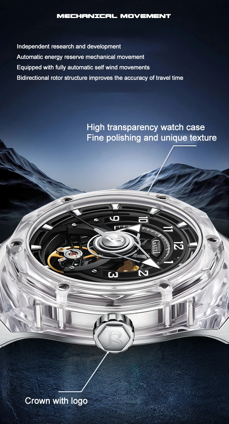 BONEST GATTI-reloj automático para hombre, carcasa transparente de polímero, reloj de pulsera mecánico, correa de caucho fluorado luminosa de zafiro