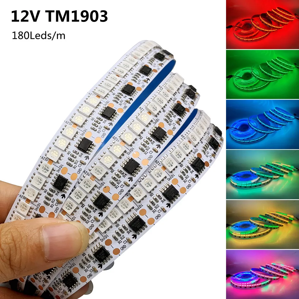 

DC12V 5M 180Leds/M 900Leds TM1903 Rainbow LED Strip Light SMD 5050 Similar WS2811 SM16703 IC Addressable Smart Pixel RGB Tape