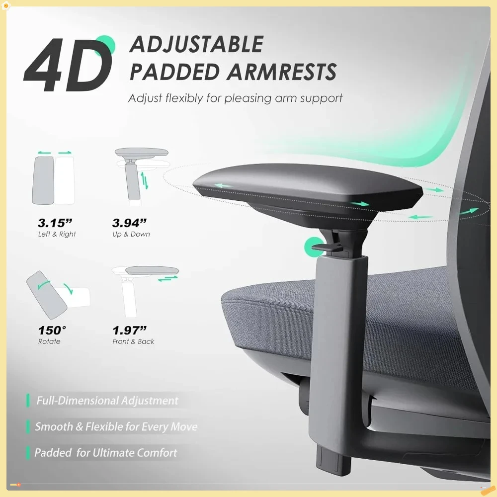 Эргономичное офисное кресло, компьютерное кресло с высокой спинкой, поясничной поддержкой, регулируемым подголовником и 4D-подлокотниками