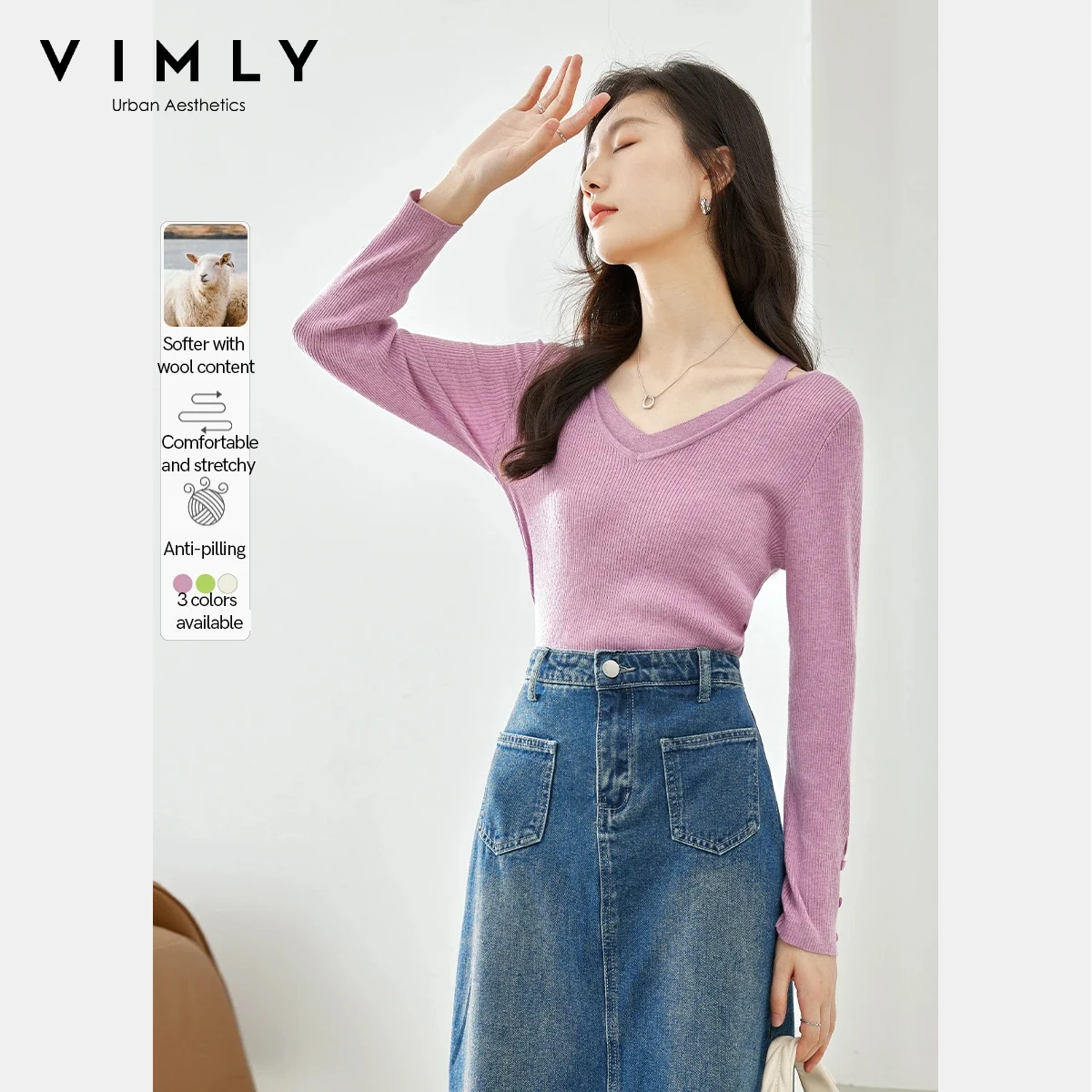 

VIMLY французские повседневные вязаные свитера женские осень 2023 прозрачные пуловеры с v-образным вырезом однотонные женские джемперы на пуговицах с длинными рукавами 72853