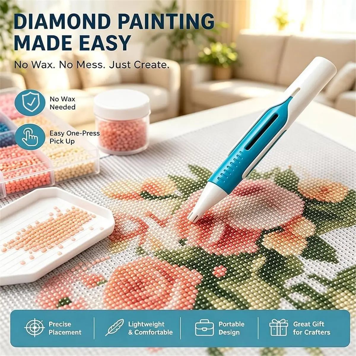 Automatic Art Bead Dispenser Pen, for 2.8mm Round Diamonds, , Wax-Free and Ergonomically Designed White