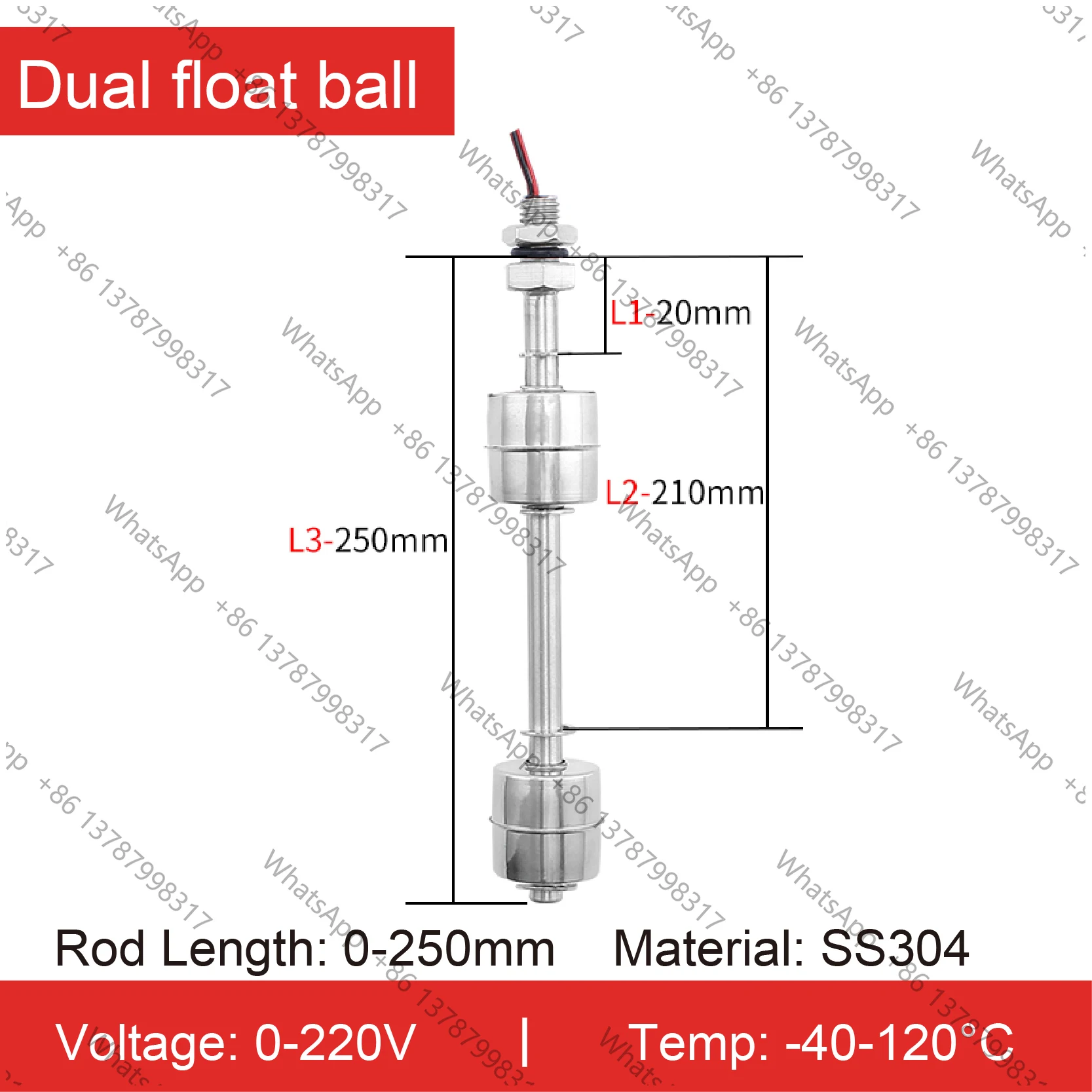 304 Stainless Steel Dual Float Switch Liquid Level Controller, Water Level Sensor for Tank, High Low Liquid Level Switch