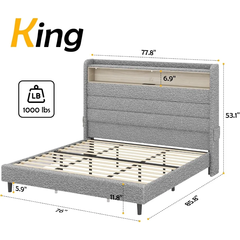 Kingsize Bedframe Met Ledverlichting Laadstation Hoog Hoofdeinde Gestoffeerd Platform Bed Wingback, Geen Boxspring Nodig