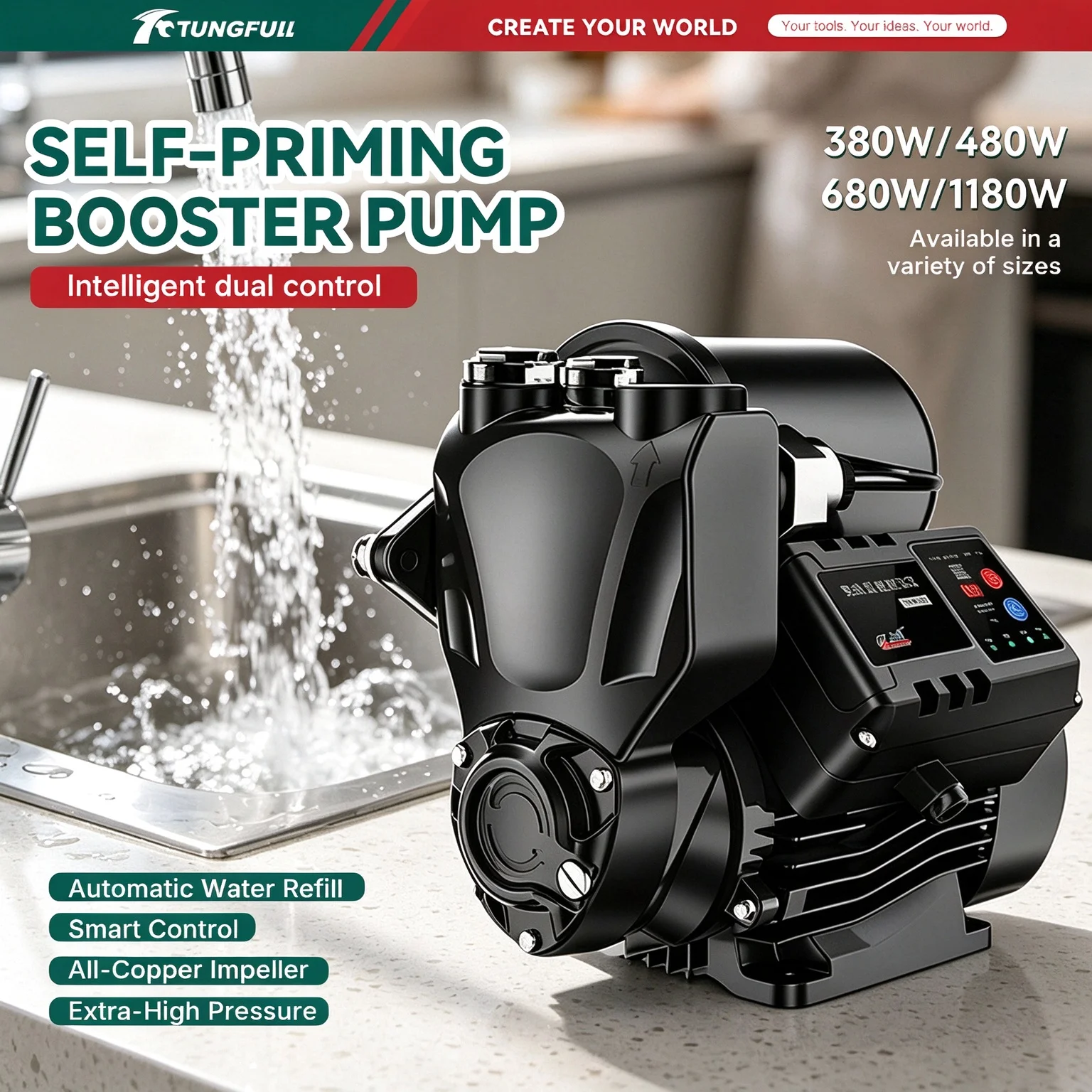 TUNGFULL Fully Automatic Booster Pump 380W 480W 680W 1180W Self-Priming Silent Water Pressure Pump 220V for Home
