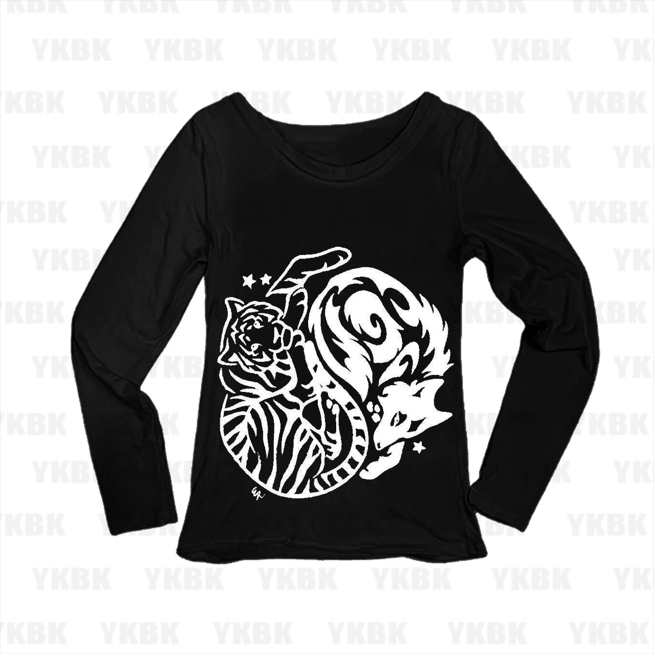 Vintage Yin Yang Tiger Fox Long Sleeve Tee Women Slim Tribal Animal Gothic Y2K Casual Black White Two Color Autumn Basic Tops