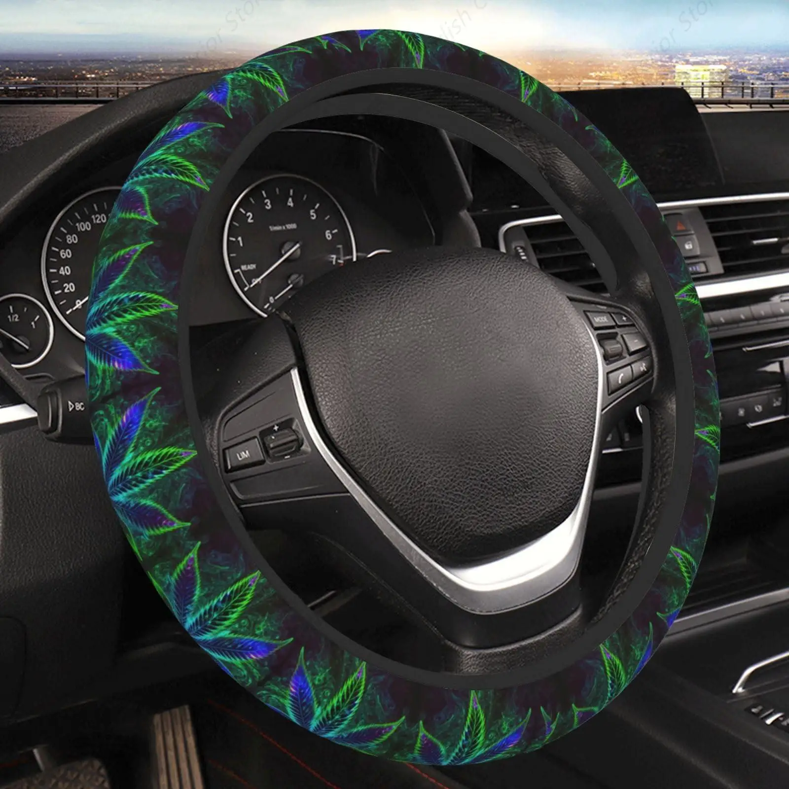 Elastic Car Steering Wheel Cover,Psychedelic Cannabis Leaf Weed Plant Protector Upgrade Thicken,Durable Soft Car Accessories