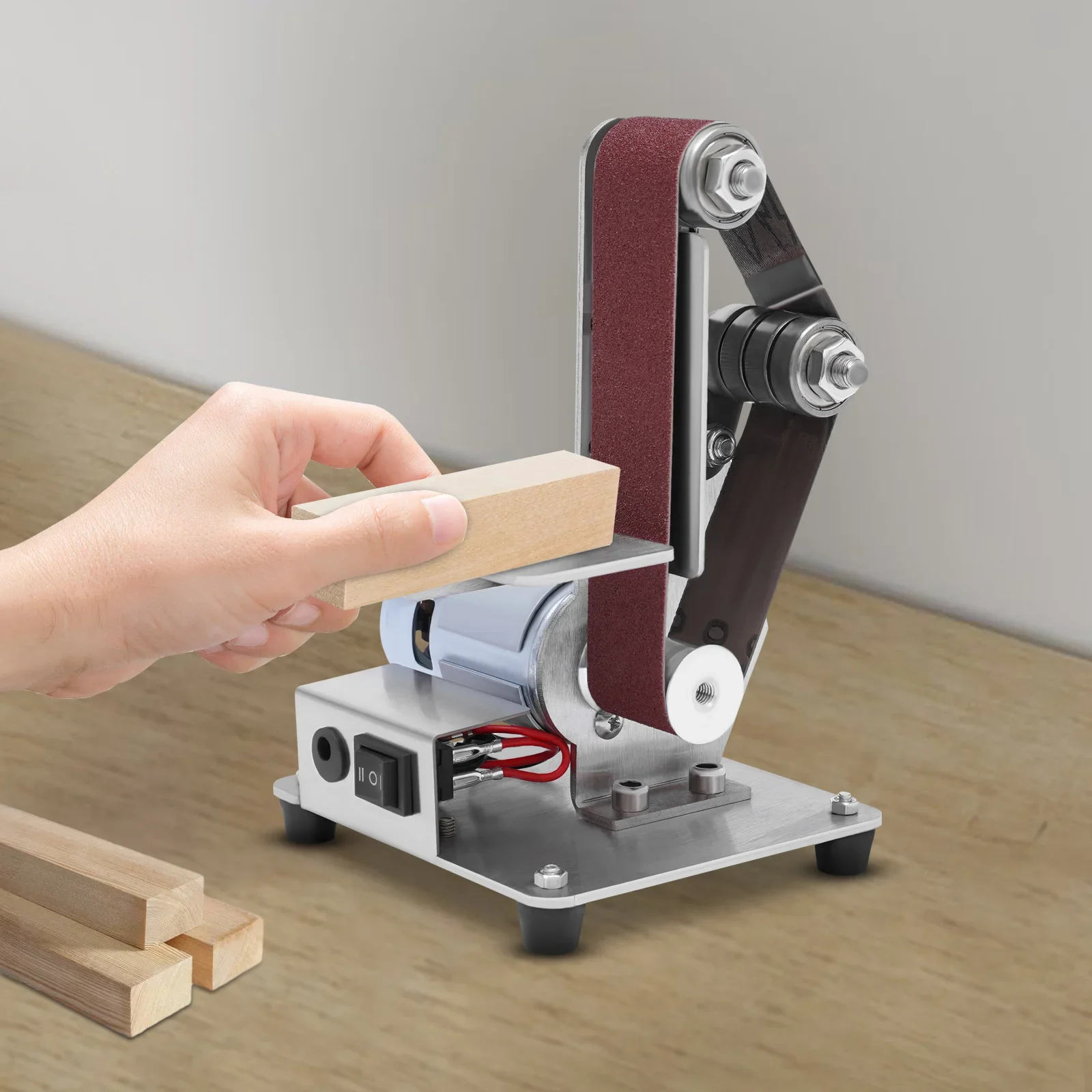 Mini Kit de ponceuse à bande électrique avec 10 bandes abrasives, meuleuse de bureau compacte et puissante pour l'affûtage de polissage du bois/métal/bricolage