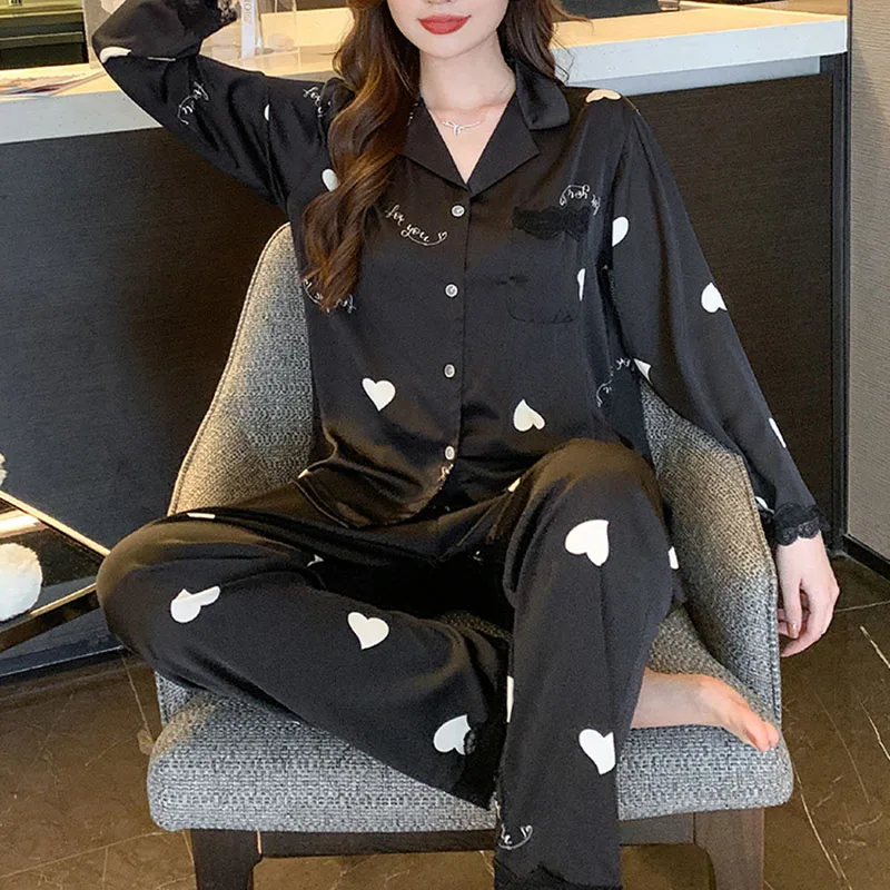 Ice Silk Pajamas Autumn and Winter Long-Sleeved Trousers Two-Piece Set of Ladies Love Lace Students Homewear Cardigan Lapel Girl