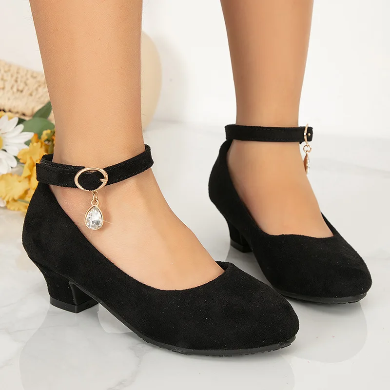 Chaussures de danse classiques en cuir noir pour enfants, chaussures à talons hauts pour filles, surface en velours, chaussures de princesse à la