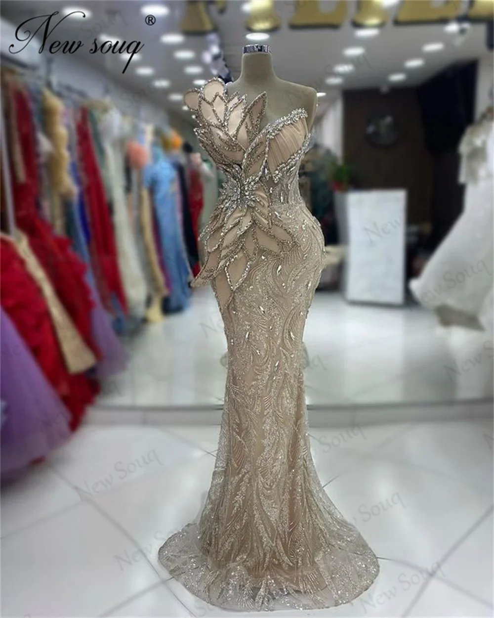 New Elegant Champagne Beaded Prom Dresses Robes De Soiree 2024 Haute Coutures Crystals Wedding Party Gowns Evening Dresses Dubai