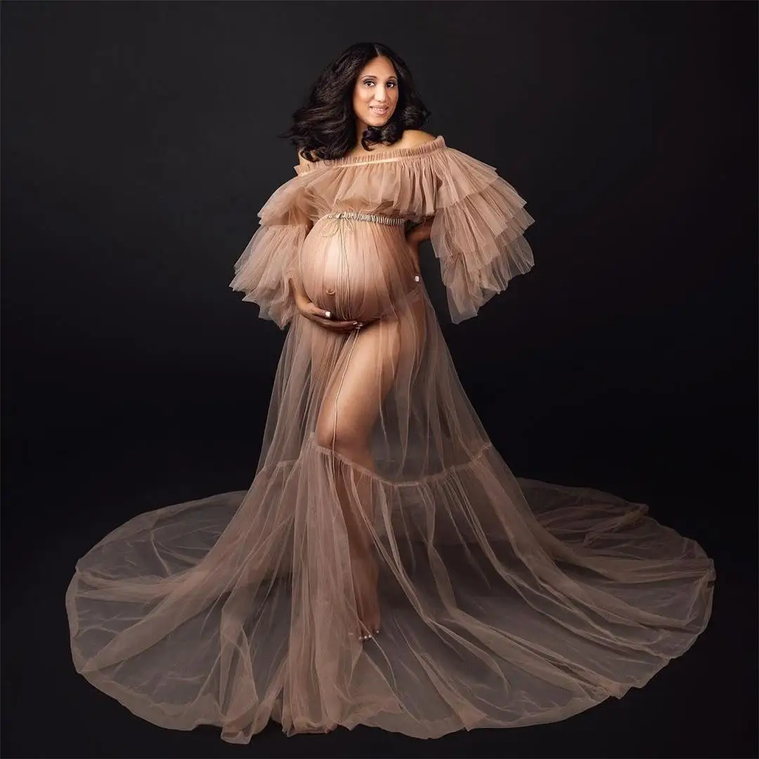 

Off the Shoulder Women's Prom Dresses for Baby Shower 2022 Long See Thru Elastic Waist Maternity Photo Shooting Dress Customise