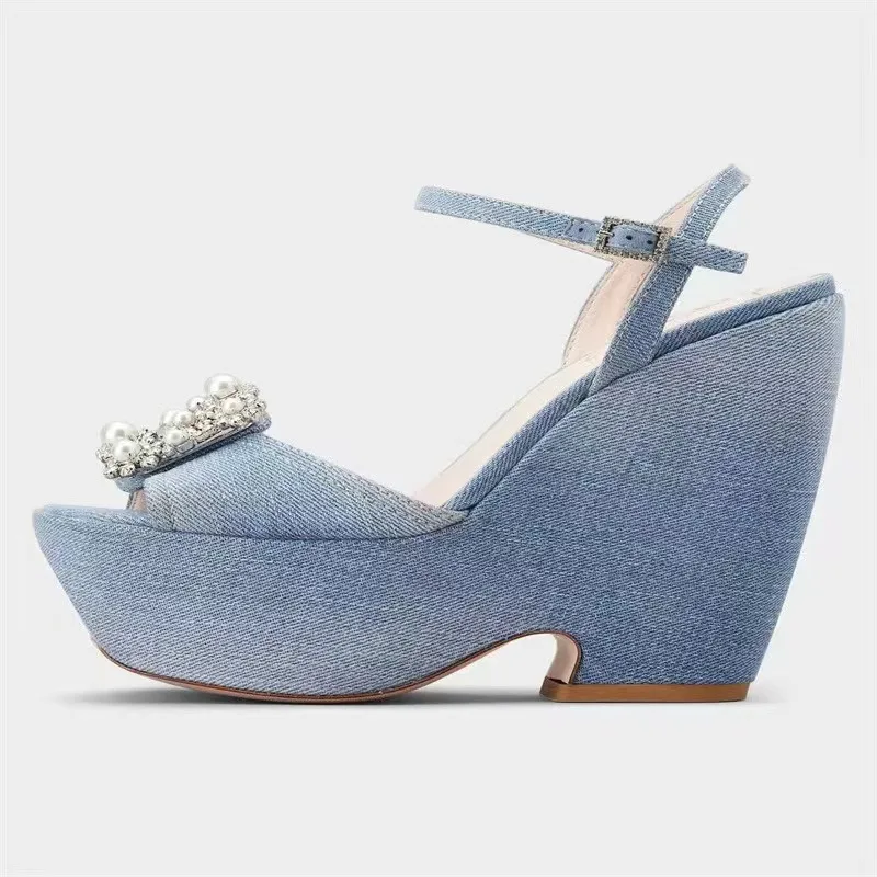 

2024 catwalk fashion sandals, rhinestones, open toe, straight buckle, platform, block heel, super high heels, women's shoes