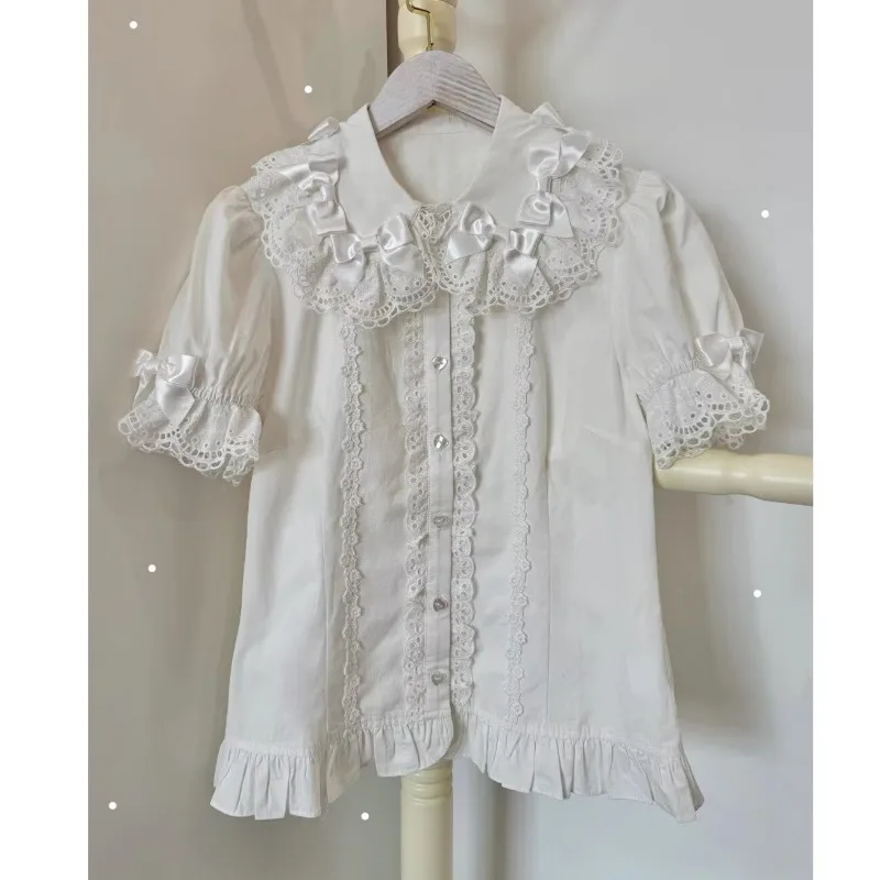 Lolita Retro Originele Veelzijdige Boog Kant Peter Pan Kraag Lange/Korte Mouw Lotus Knoop Shirt Leuke Meisjes Nieuwe Blouse Womens tops