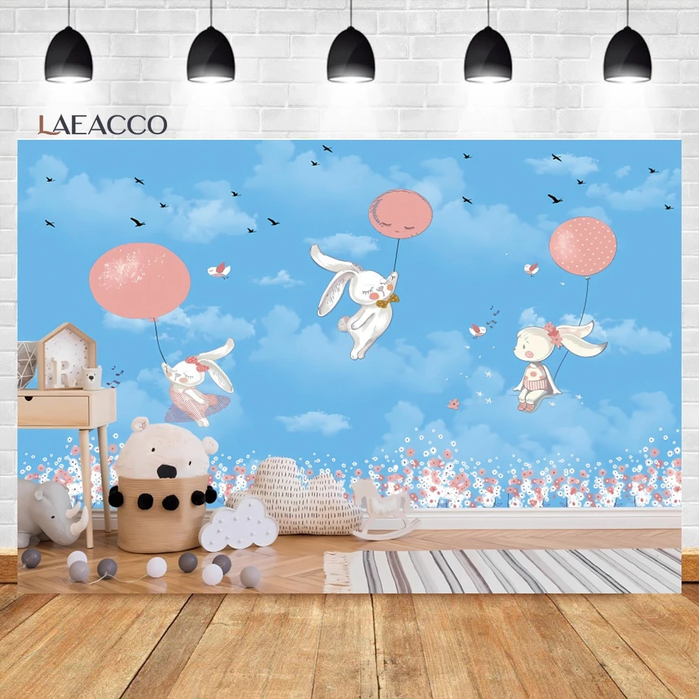 Laeacco Cartoon Rabbit Birthday Scene Photography Backdrop Blue Sky Balloons Flower Baby Shower Cake Smash Portrait Background