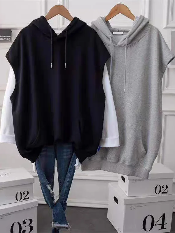 Wiosenno-jesienna luźna bluza z kapturem o prostym kroju, średniej długości, damska, codzienna, wygodna, poliestrowa kamizelka, modna.