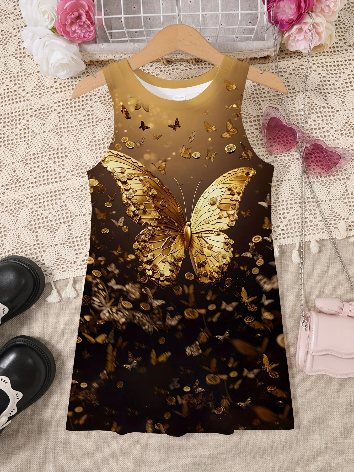 Girls Gold Butterfly Coin Print Dress, Sleeveless Elegant Shiny Butterfly Pattern Skirt, Children Summer Clothing