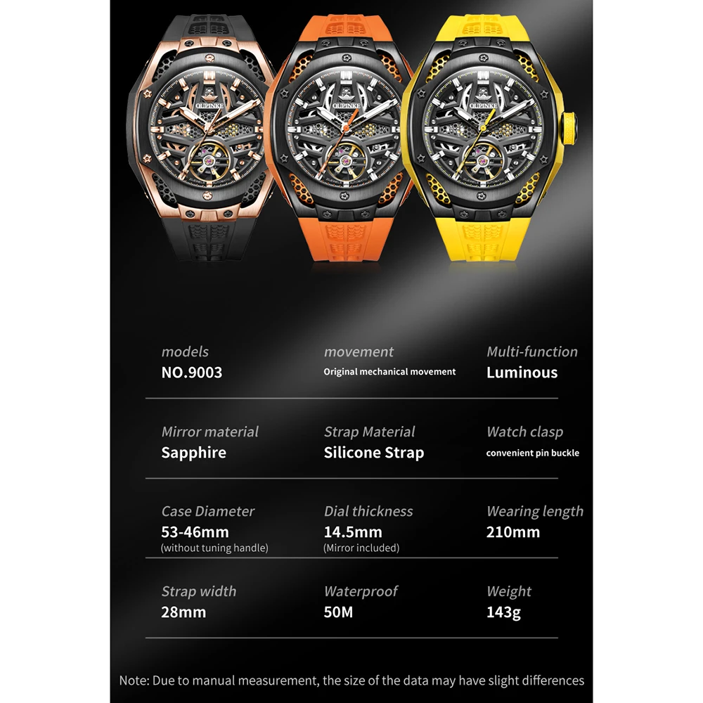 OUPINKE 9003 Sport Mechanical Men\'s Watches Hollow Flywheel Top Brand Fashion Automatic Watch For Men Silicone Strap Hand Clock